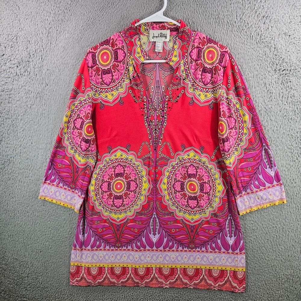 Joseph Ribkoff Pink Red Mandala Print Rhinestone Split Neck Tunic Top Size 14